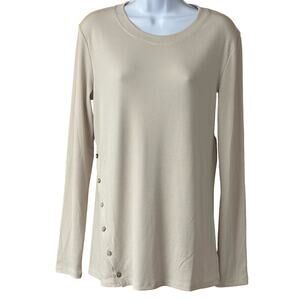 EUC, AEMI + CO Women’s Sz Large Long Sleeve Beige Ribbed Polo w/Button Detail